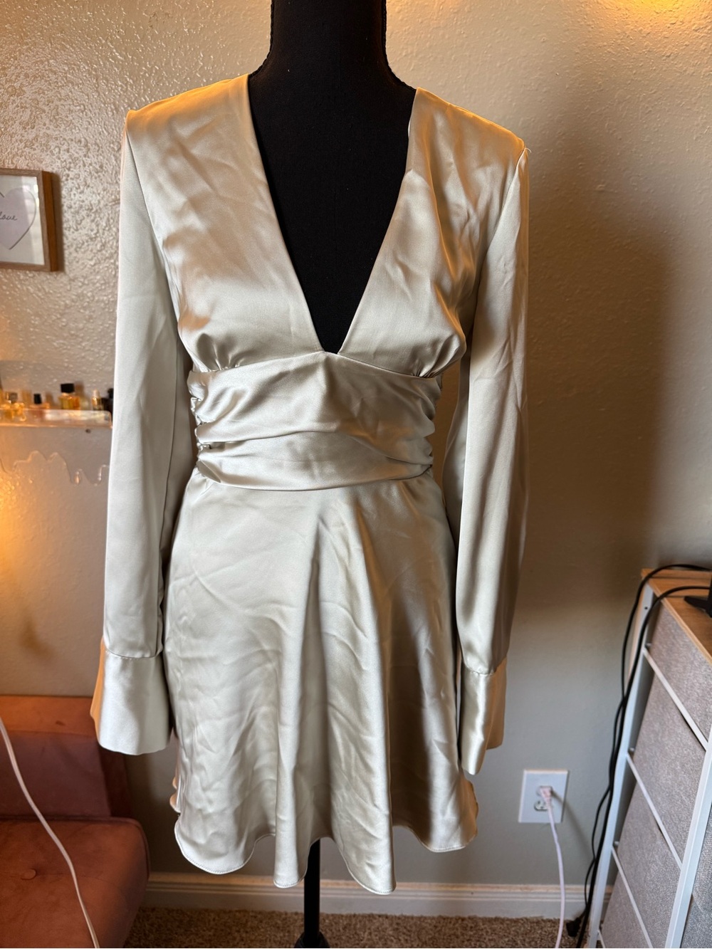 Zara Satin V-Neck Long Sleeve Dress in Champagne Gold